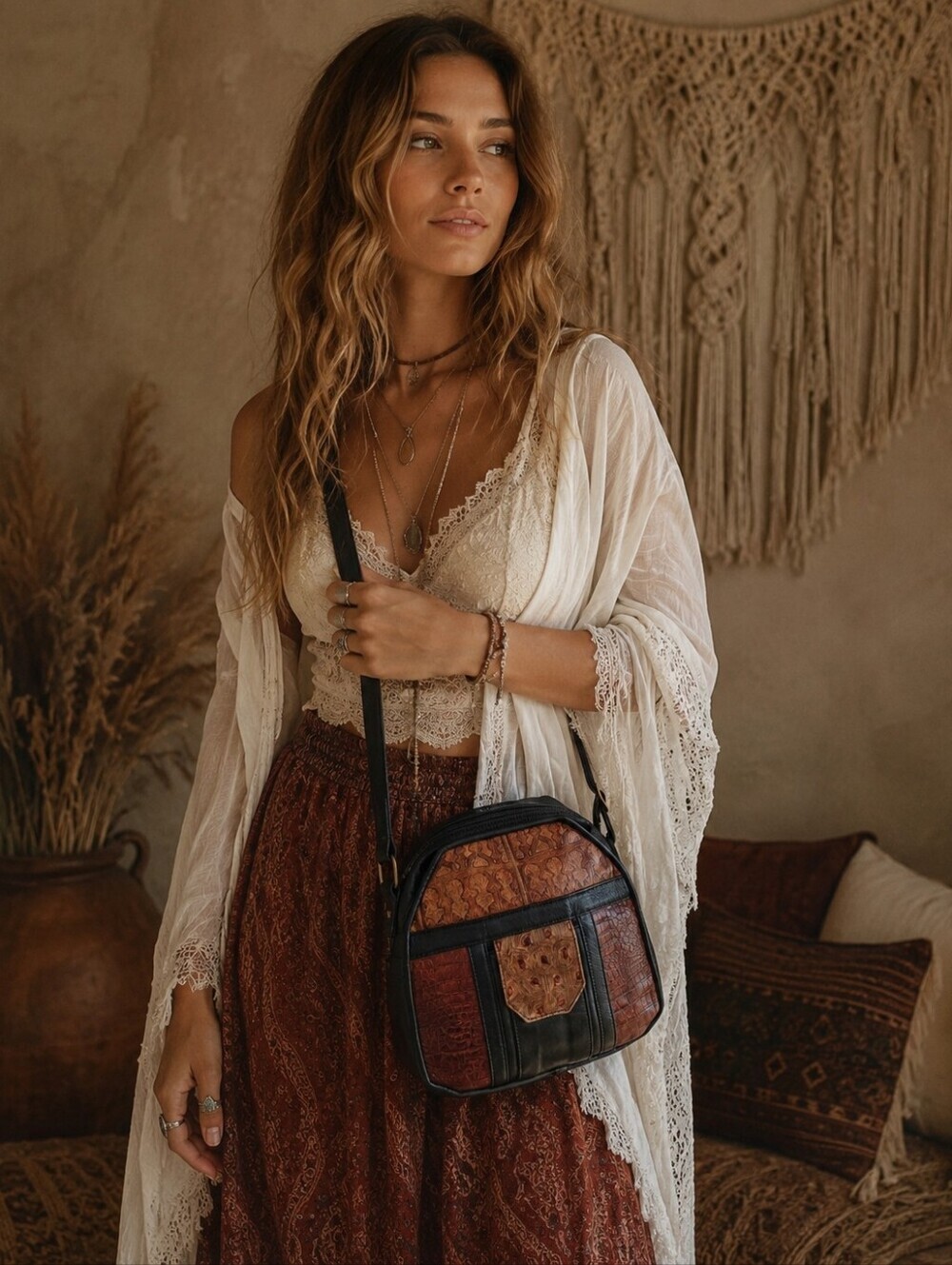 D’Onofrio Handcrafted Leather Crossbody Bag Croc Embossed in Black and Brown